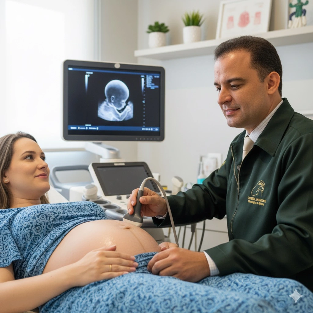 Médico realizando ultrassom em uma gestante